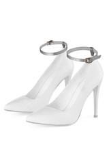 Object photo of a white leather high heels with silver shoe straps on a top of shoes. The photo was...