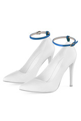 Object photo of a white leather high heels with blue shoe straps on a top of shoes. The photo was...