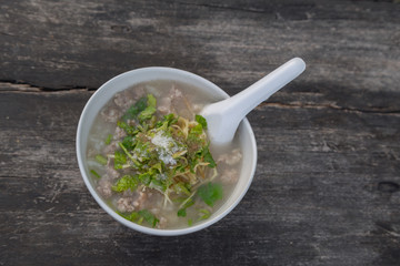 Boiled pork on wooden table Breakfast Thai style