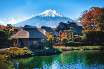 The ancient Oshino Hakkai village with Mt. Fuji in Autumn Season at Minamitsuru District, Yamanashi Prefecture, Japan.