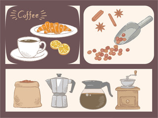 Coffee and related items for cafe menu or other use. Vector illustration.