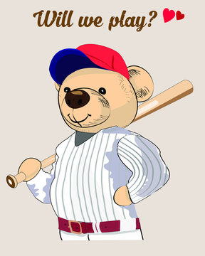 Baseball teddy bear. For design posters and cards.