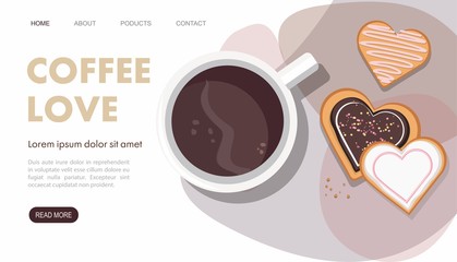 Mug with coffee and heart shaped cookies. Top view. Landing page. 