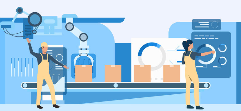 People Working At Factory. Operational Workers, Conveyor Belt, Assembly Line. Industry Concept. Vector Illustration For Topics Like Production, Machine, Blue Color