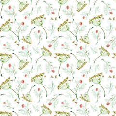 Fototapeta na wymiar Seamless pattern of watercolor dill flowers and leaves. Greenery background.