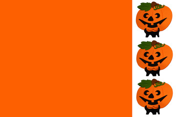 Three Jack O Lanterns pumpkins on white and orange background. Crafts made of felt, Halloween pumpkin. Hello autumn and Halloween concept.