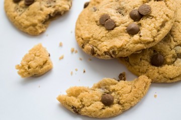 Chocolate chip cookies isolated on white background. Sweet biscuits. Homemade pastry. top view. 