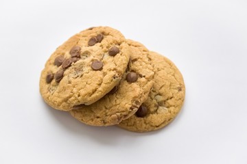 Chocolate chip cookies isolated on white background. Sweet biscuits. Homemade pastry. top view. 