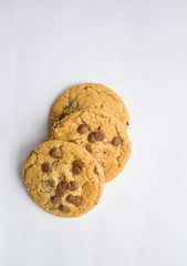 Chocolate chip cookies isolated on white background. Sweet biscuits. Homemade pastry. top view. 