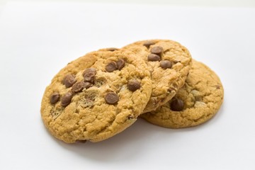 Chocolate chip cookies isolated on white background. Sweet biscuits. Homemade pastry. top view. 