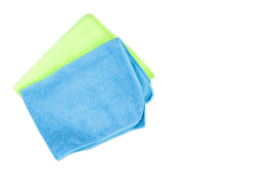 Microfiber cleaning cloth of blue and green on isolated white