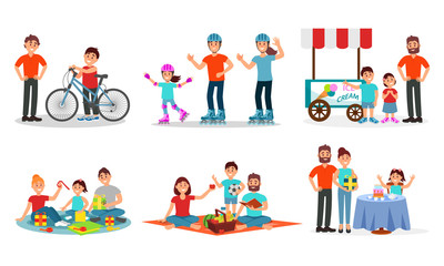 Fototapeta premium Parents and Children Characters Spending Time Together Outdoor Vector Illustrated Set.