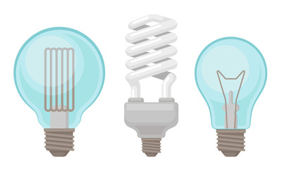 Fluorescent Lightbulbs Vector Illustrated Set. Energy Saving Light Bulbs
