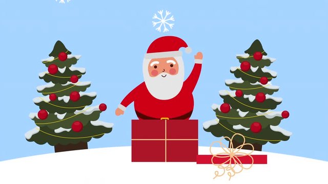 happy merry christmas animation with santa claus in snowscape
