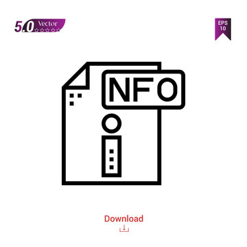 Outline nfo file icon isolated on white background. Popular icons for 2019 year. file-types. Graphic design, mobile application, logo, user interface. EPS 10 format vector