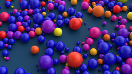 3d render of blue flat surface covered by vibrant blue, red, purple and blue balls.