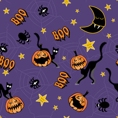Crazy Halloween night, cats, pumpkins, spiders, moon, stars, on violet background. Vector seamless pattern.