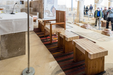 Seats near the altar in the prayer hall of Memorial Church of Moses on Mount Nebo near the city of Madaba in Jordan