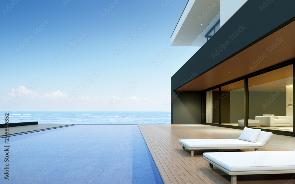Poster perspective of modern luxury house with wood terrace and swimming pool on sea view background,idea o