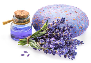 Obraz na płótnie Canvas Bunch of lavandula, lavender essential oil and soap on white background.