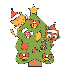 cute cartoon christmas tree with cats funny vector holidays illustration