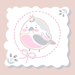 Vector illustration of a little chicken nestling. Little bird with a bow. Baby shower card with cute bird.