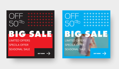 Obraz premium Set of square vector banners for big sale with 50 percent discount, with place for photo and arrow pattern.