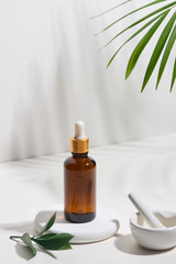 alternative medicine herb, laboratory glassware, martar, plant in tube on white background.