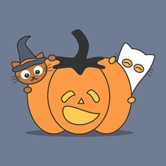 cute cartoon halloween illustration with pumpkin and cats funny holidays vector card