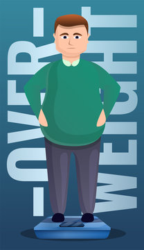 Overweight man on scales concept banner. Cartoon illustration of overweight man on scales vector concept banner for web design