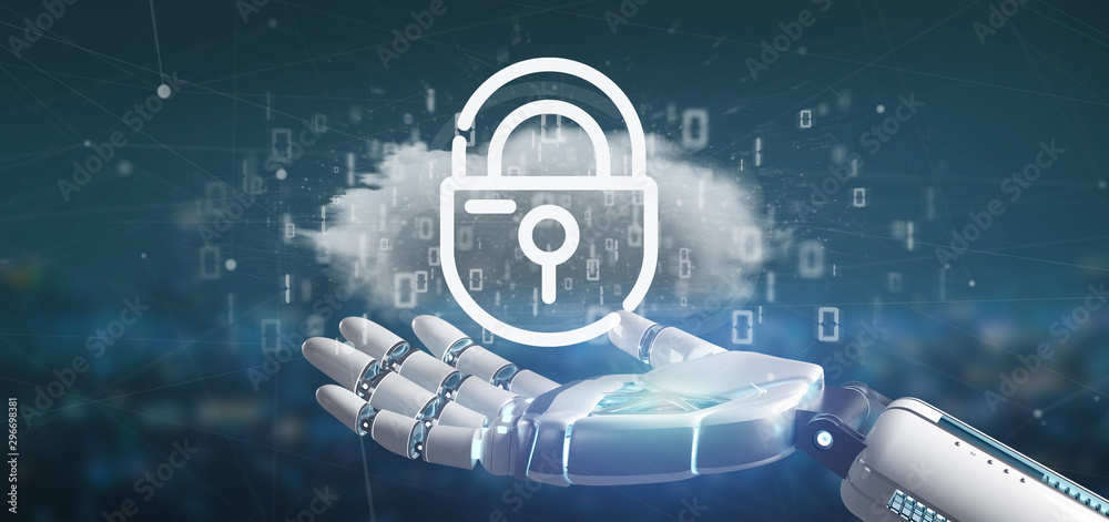 Poster cyborg holding a binary cloud with internet security padlock 3d rendering