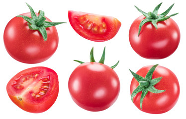 Collection of tomatoes and slices of tomatoes isolated on white background. Clipping path.