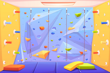 Rock climbing wall with grips, mats and ropes for bouldering activity in gym or recreation area for scaling in amusement park or kids playground. Alpinism training place. Cartoon vector illustration