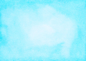 Watercolor light sky blue frame background texture. Aquarelle abstract bright cerulean backdrop. Watercolour horizontal trendy template. Textured paper.