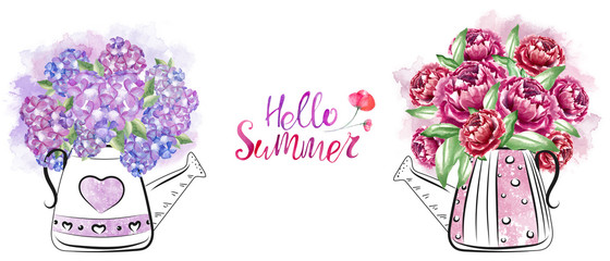 Beautiful watering can with hydrangea and peonies flowers. Hello summer hand drawn watercolor illustration