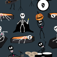 Halloween crazy skeleton party scene on dark blue background. Vector seamless pattern.