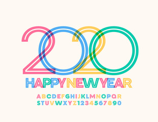 Vector colorful watercolor Greeting Happy New Year 2020. Creative bright Font. Original Alphabet Letters, Numbers and Symbols.