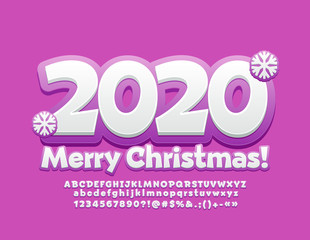 Vector Creative Greeting Card Merry Christmas 2020. Playful White and Violet Font. Bright Alphabet Letters, Numbers and Symbols.