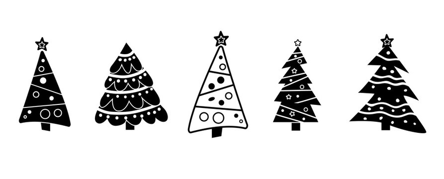 Set Different abstract Christmas tree. Black and white. Collection Christmas tree decorated isolated. vector illustration.