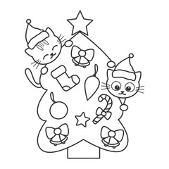 cute cartoon black and white christmas tree with cats funny vector holidays illustration for coloring art