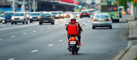24 hours delivery service from cafes and restaurants. Takeaway, delivery boy on scooter with red...