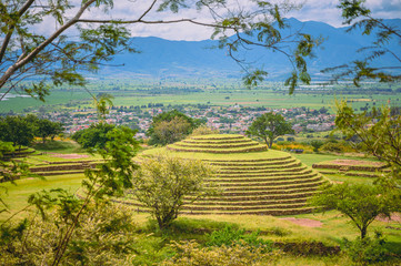 Archeological zone of Guachimontones in the state of Jalisco, Mexico. Pyramid with summer landscape...