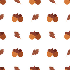 Vector seamless pattern background with cartoon style acorns and oak leaves for autumn, fall design.