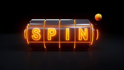Spin Slot Machine Gambling Concept With Neon Orange Lights - 3D Illustration - obrazy, fototapety, plakaty