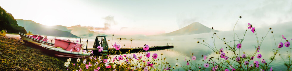 soft focus panorama view of Fuji san Mountain in calm autumn