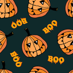 Pumpkins, funny faces,  boo text, cartoon characters on dark blue background. Vector seamless pattern.