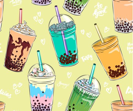 seamless pattern of sweet tasty milkshakes , whipped cream and topping, bubble tea advertisement with tasty tapioca and pearls menu graphic template