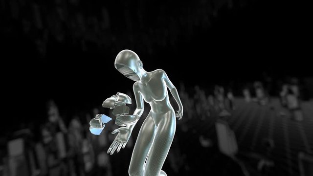 Geometric laser woman figure on a lowpoly landscape. Seamless metal retro futuristic animation.