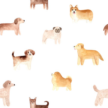 Seamless pattern. Hand drawn watercolor dogs. Painted collection Illustration