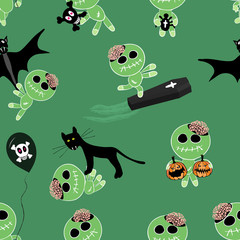 Zombies playing, funny halloween scene, on fresh green background. Vector seamless pattern.